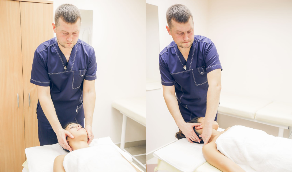 На фотоколажі з двох фото масажист медичного центру Лікар Здоров'я Сокотун Сергій робить масаж молодій дівчині. Вона вибрала хорошого масажиста тому задоволена.